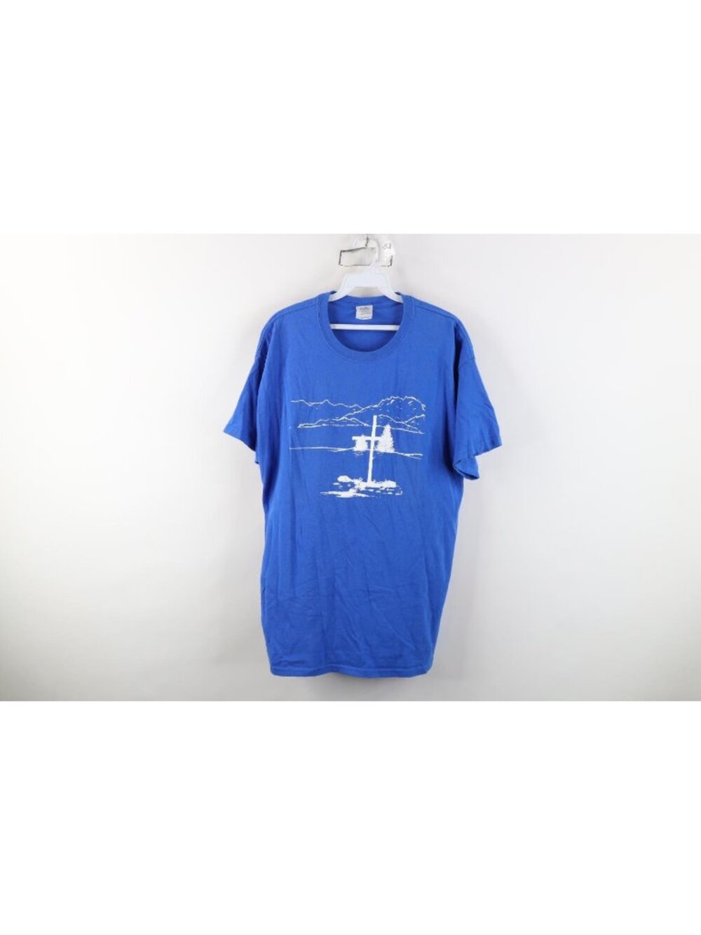 Vintage 90s Y2K Christian Mens Large Faded Jesus Cross Mountain T-Shirt Blue